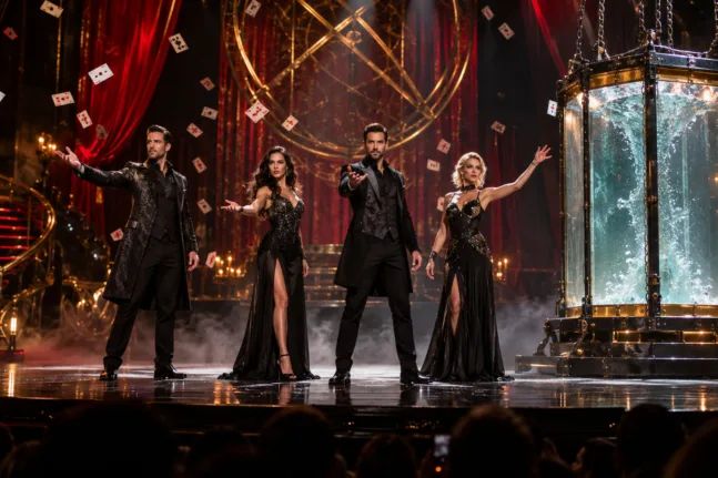 Τέσσερις illusionists σε θεατρική σκηνή με τράπουλες και δεξαμενή νερού